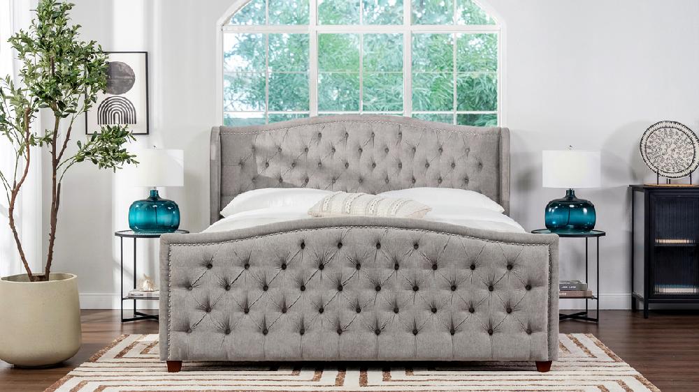 Jennifer Taylor Home Marcella Upholstered Shelter Headboard Bed Set King Silver Grey