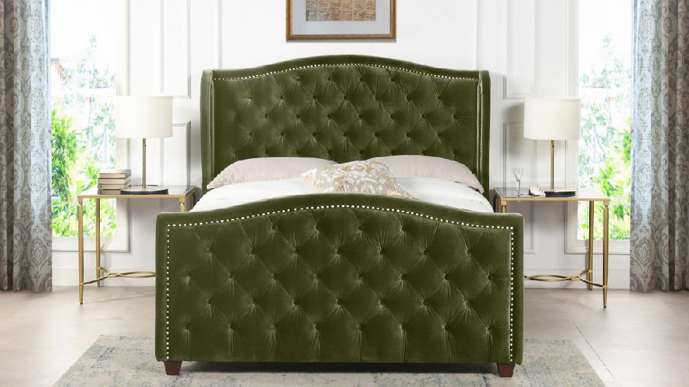 Jennifer Taylor Home Marcella Upholstered Shelter Headboard Bed Set Queen Olive Green