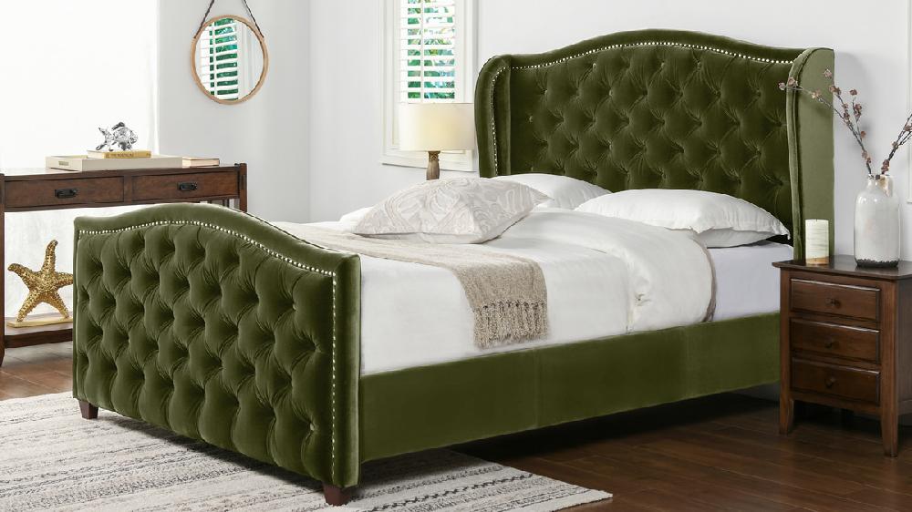 Jennifer Taylor Home Marcella Upholstered Shelter Headboard Bed Set Queen Olive Green
