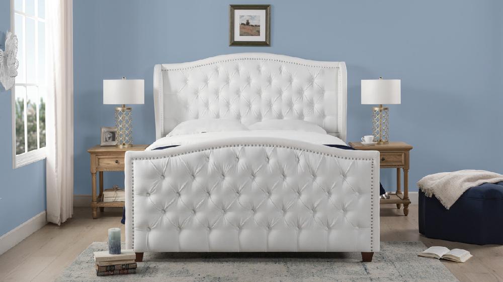 Jennifer Taylor Home Marcella Upholstered Shelter Headboard Bed Set Queen Bright White
