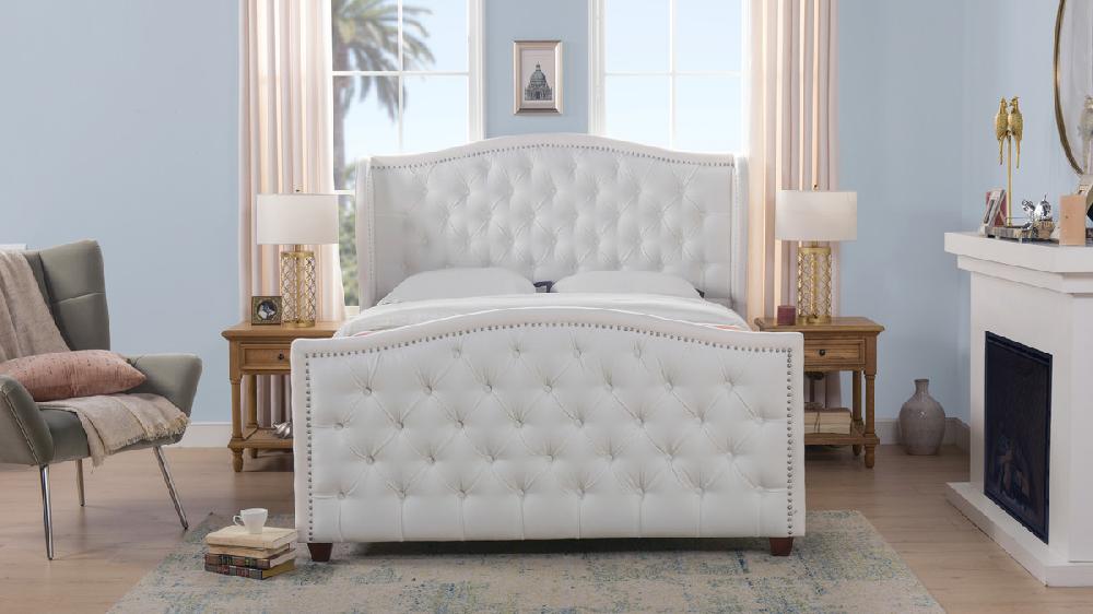 Jennifer Taylor Home Marcella Upholstered Shelter Headboard Bed Set Queen Bright White