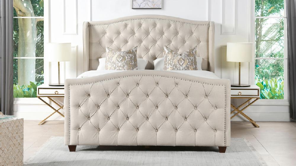 Jennifer Taylor Home Marcella Upholstered Shelter Headboard Bed Set Queen Sky Neutral Beige