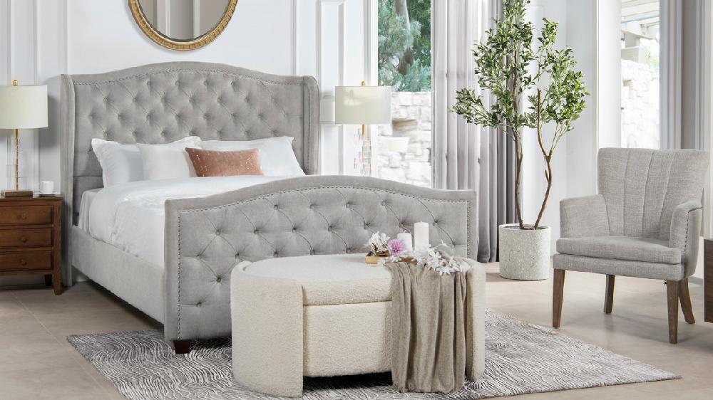 Jennifer Taylor Home Marcella Upholstered Shelter Headboard Bed Set Queen Silver Grey