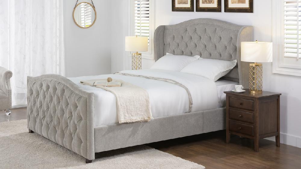 Jennifer Taylor Home Marcella Upholstered Shelter Headboard Bed Set Queen Silver Grey