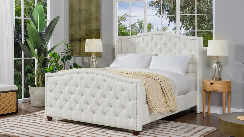Jennifer Taylor Home Marcella Upholstered Shelter Headboard Bed Set Queen Antique White
