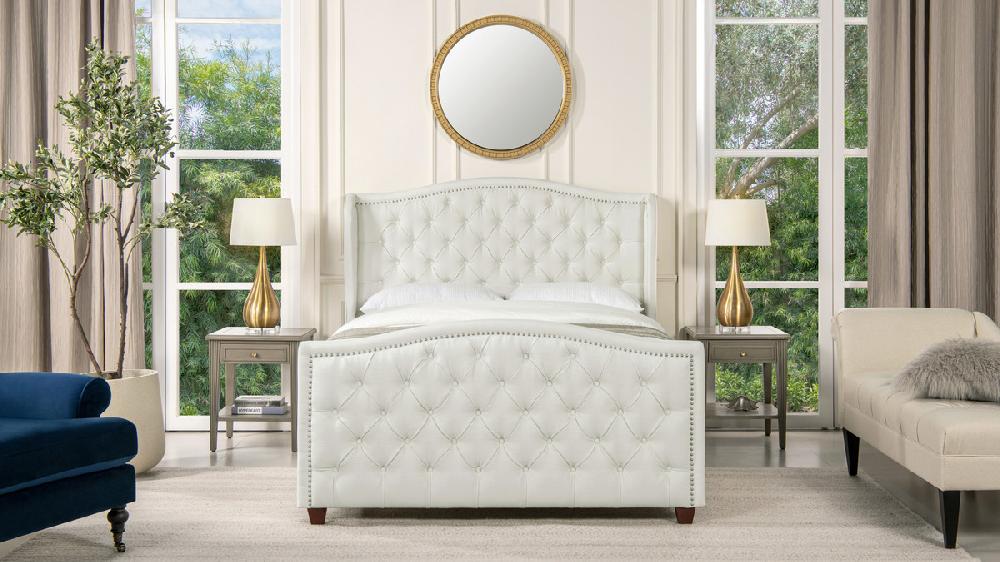 Jennifer Taylor Home Marcella Upholstered Shelter Headboard Bed Set Queen Antique White