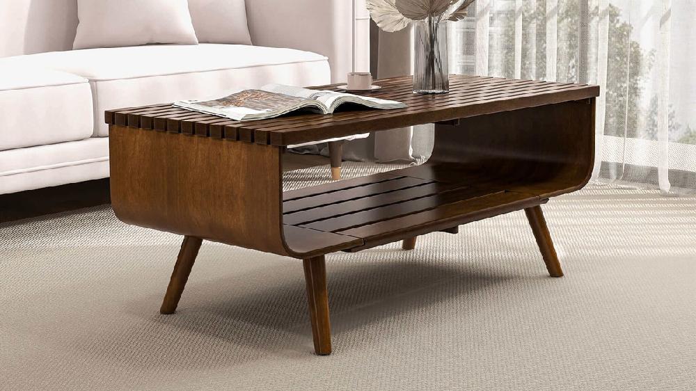 Jennifer Taylor Home Marlo 43.3" Solid Wood Slatted Coffee Table With Open Storage Shelf Walnut