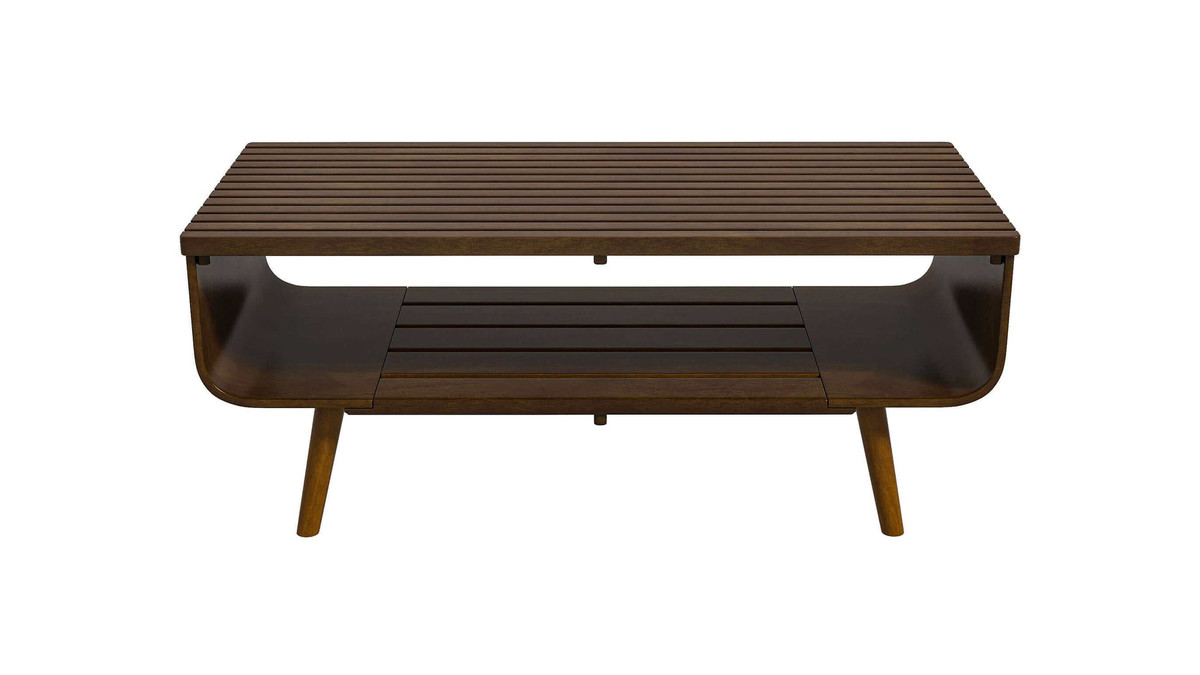 jennifer taylor home Marlo 43.3" Solid Wood Slatted Coffee Table with Open Storage Shelf Walnut