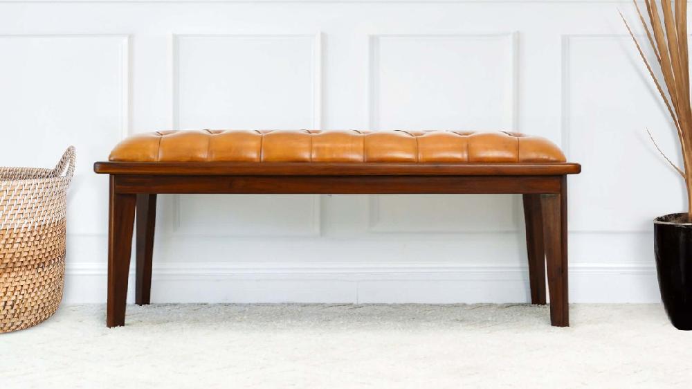 Jennifer Taylor Home Marques 49.61" Genuine Leather & Teak Wood Tufted Entryway Bench