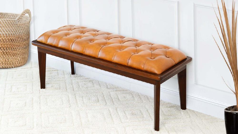 Jennifer Taylor Home Marques 49.61" Genuine Leather & Teak Wood Tufted Entryway Bench