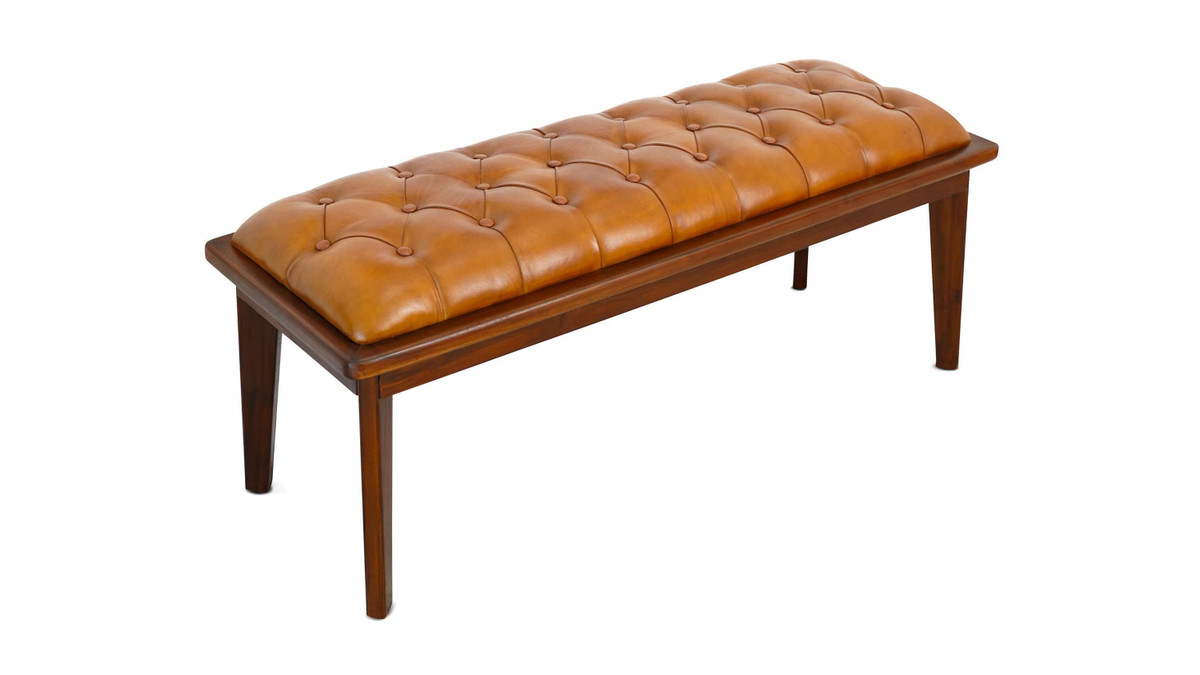 Jennifer Taylor Home Marques 49.61" Genuine Leather & Teak Wood Tufted Entryway Bench