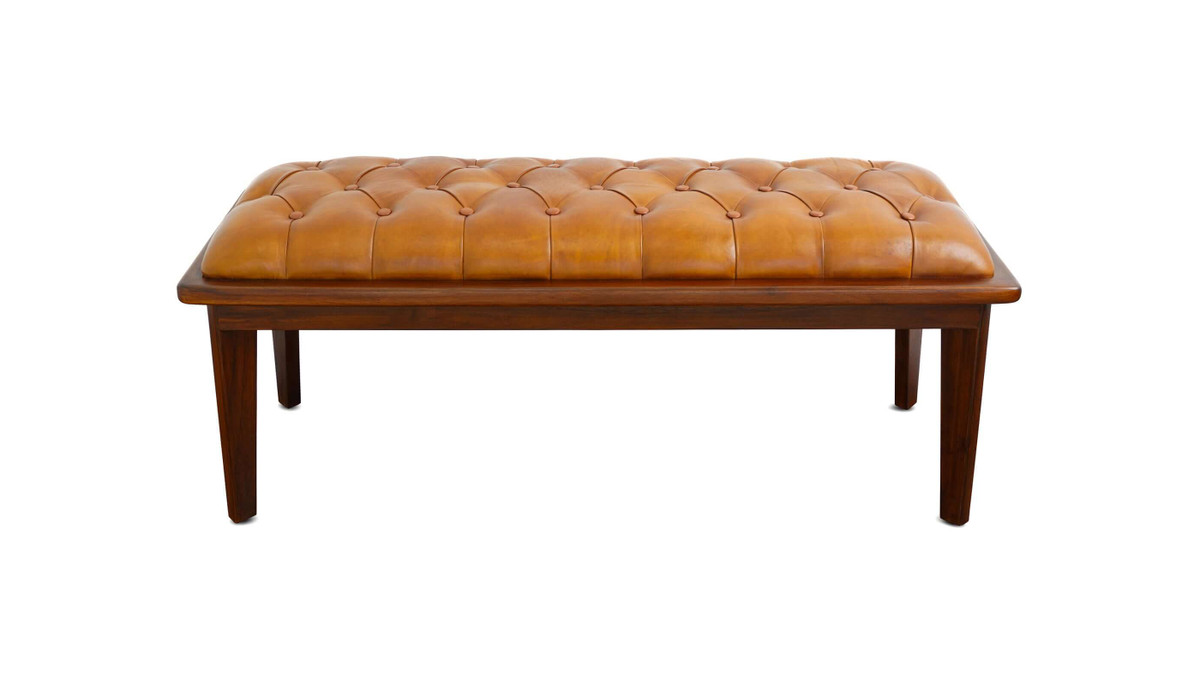 jennifer taylor home Marques 49.61" Genuine Leather & Teak Wood Tufted Entryway Bench