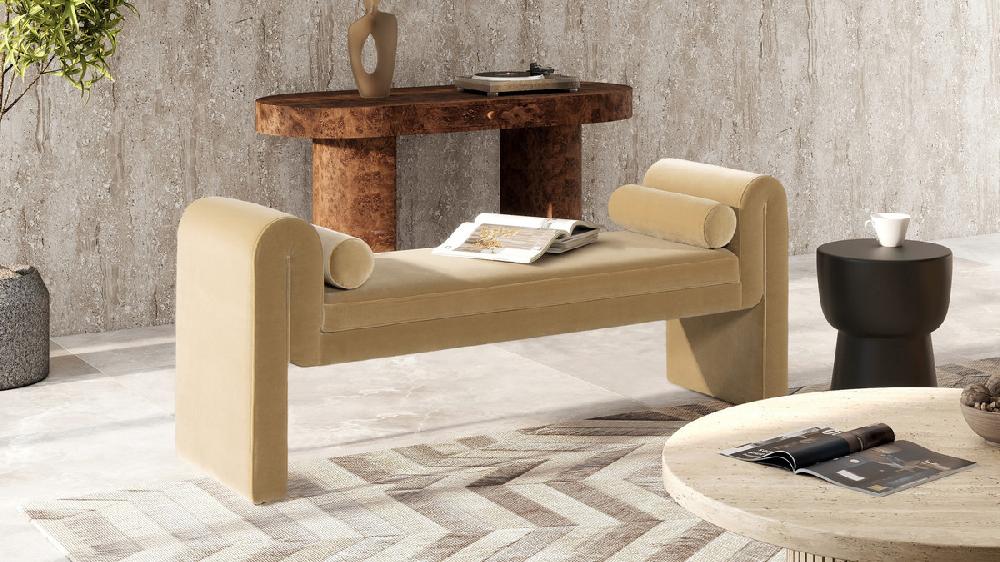 Jennifer Taylor Home Mason 60.5" Arched Arm Bench With Bolster Pillows Camel Brown Beige