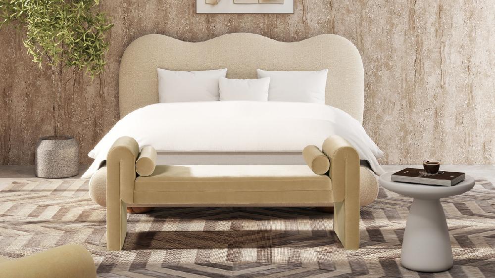 Jennifer Taylor Home Mason 60.5" Arched Arm Bench With Bolster Pillows Camel Brown Beige