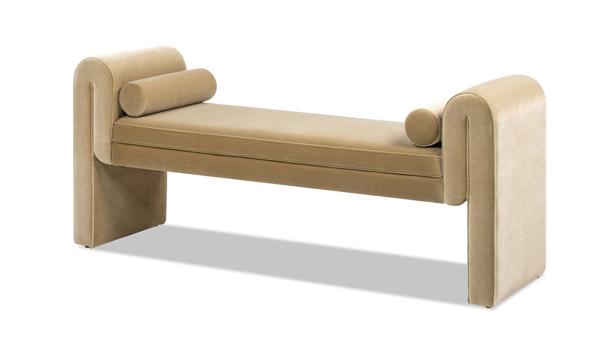 jennifer taylor home Mason 60.5" Arched Arm Bench with Bolster Pillows Camel Brown Beige