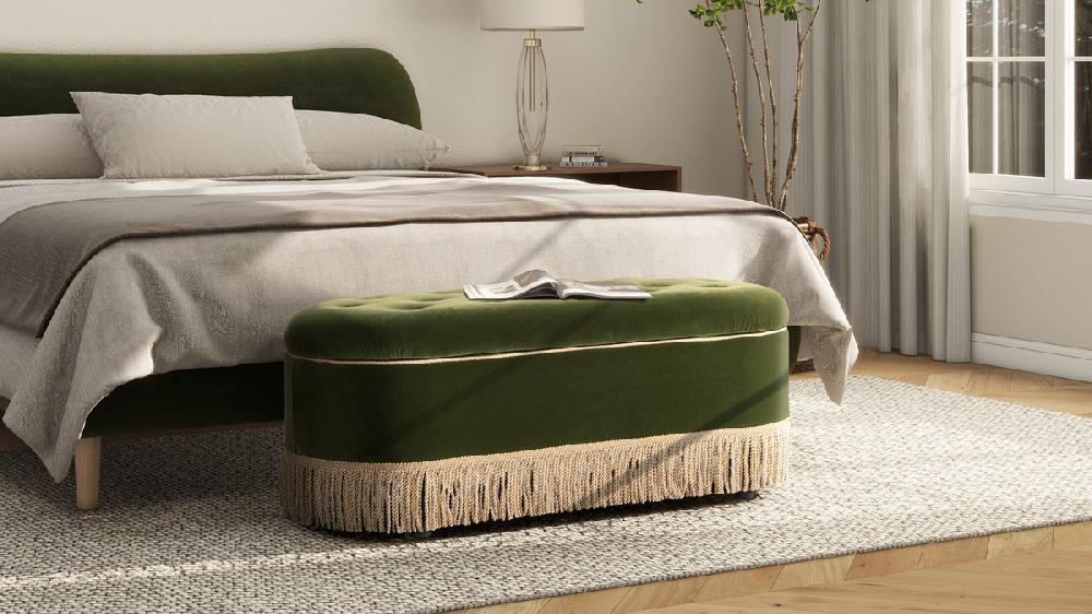 Jennifer Taylor Home Melinda 48.5" Oval Tufted Bullion Fringe Storage Bench Olive Green