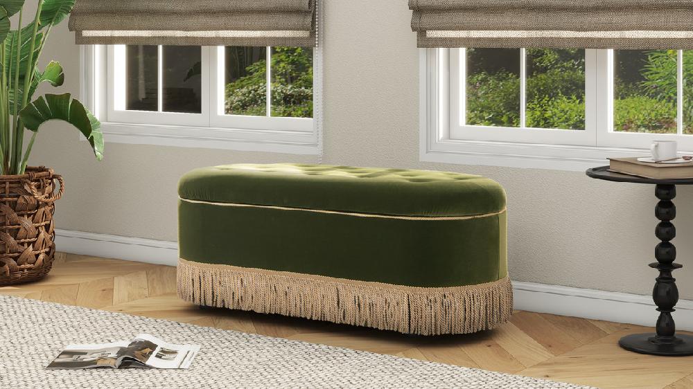 Jennifer Taylor Home Melinda 48.5" Oval Tufted Bullion Fringe Storage Bench Olive Green