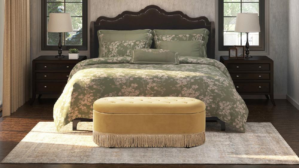 Jennifer Taylor Home Melinda 48.5" Oval Tufted Bullion Fringe Storage Bench Gold