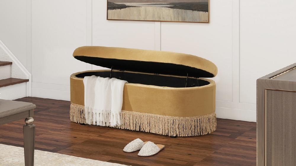 Jennifer Taylor Home Melinda 48.5" Oval Tufted Bullion Fringe Storage Bench Gold