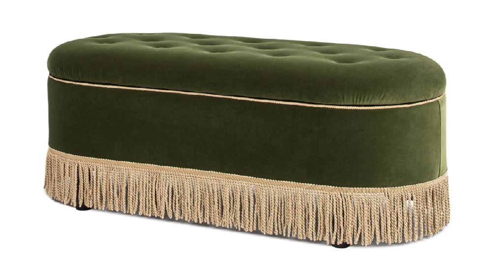 jennifer taylor home Melinda 48.5" Oval Tufted Bullion Fringe Storage Bench Olive Green