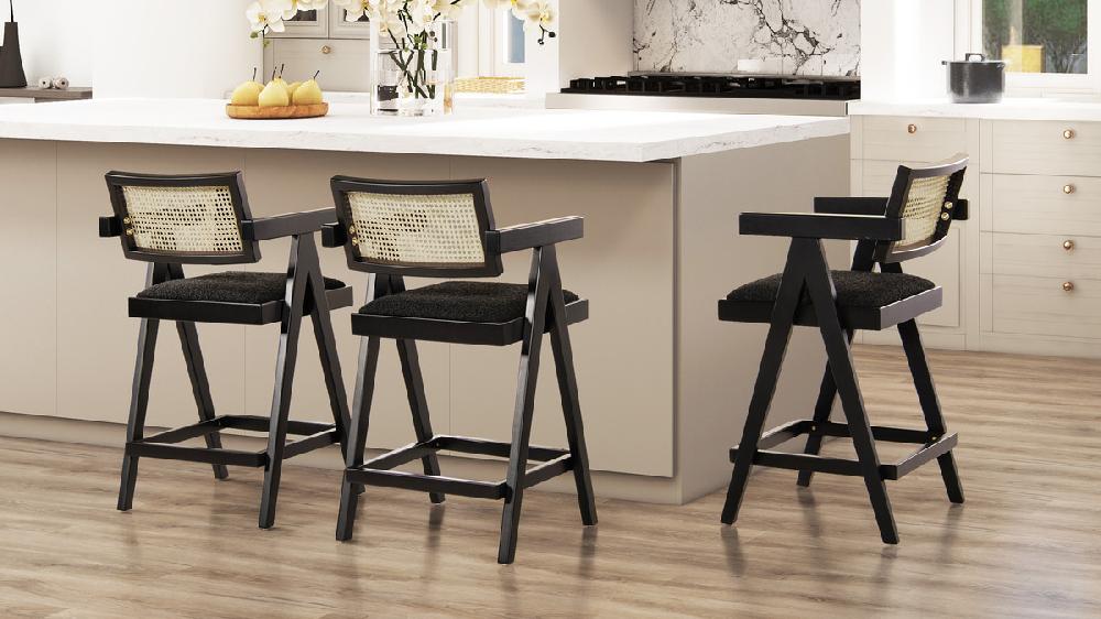 Jennifer Taylor Home Milan 25.5" Modern Resin Webbing Back Counter Stool With Arms Set Of 3 Ebony Black Bouclé