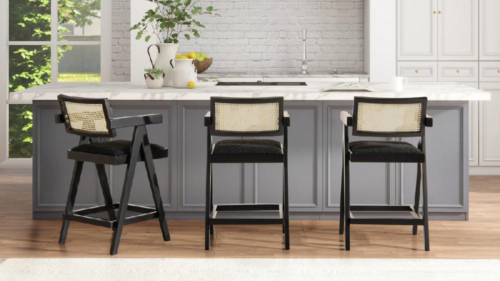 Jennifer Taylor Home Milan 25.5" Modern Resin Webbing Back Counter Stool With Arms Set Of 3 Ebony Black Bouclé