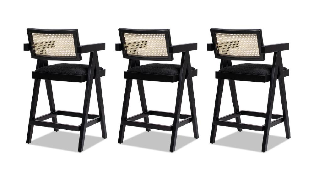 Jennifer Taylor Home Milan 25.5" Modern Resin Webbing Back Counter Stool With Arms Set Of 3 Ebony Black Bouclé