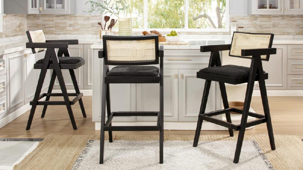 Jennifer Taylor Home Milan 29.5" Modern Resin Webbing Back Bar Stool With Arms Set Of 3 Ebony Black Bouclé