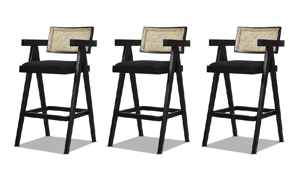 jennifer taylor home Milan 29.5" Modern Resin Webbing Back Bar Stool with Arms Set of 3 Ebony Black Bouclé
