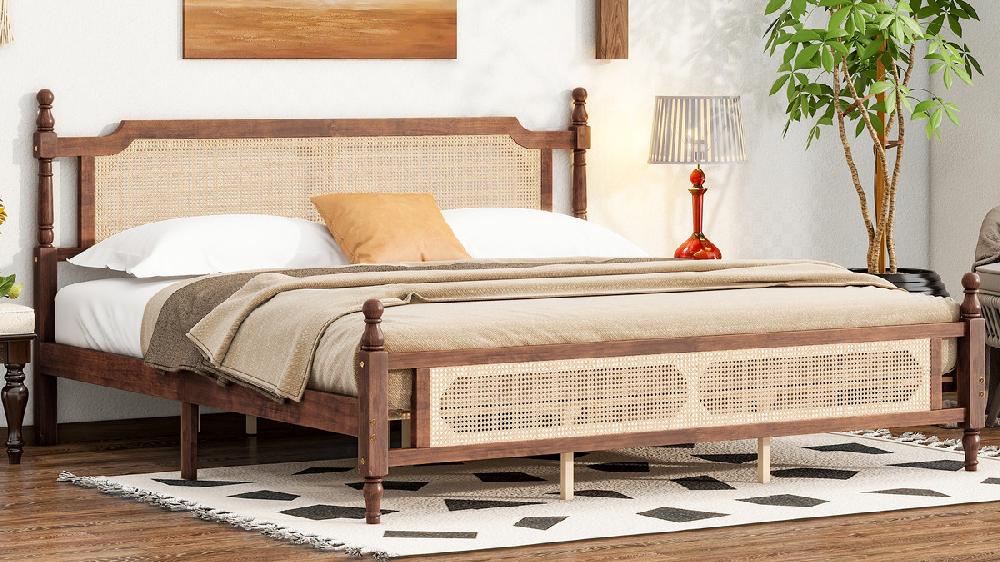 Jennifer Taylor Home Milo Pine Wood Rattan-Back Platform Bed King Walnut