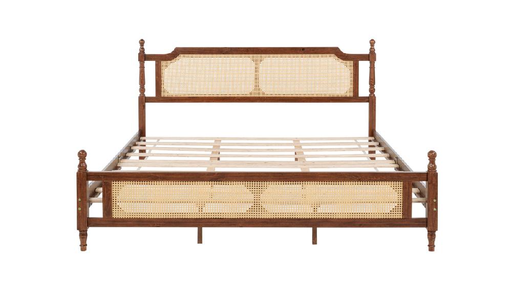 Jennifer Taylor Home Milo Pine Wood Rattan-Back Platform Bed King Walnut