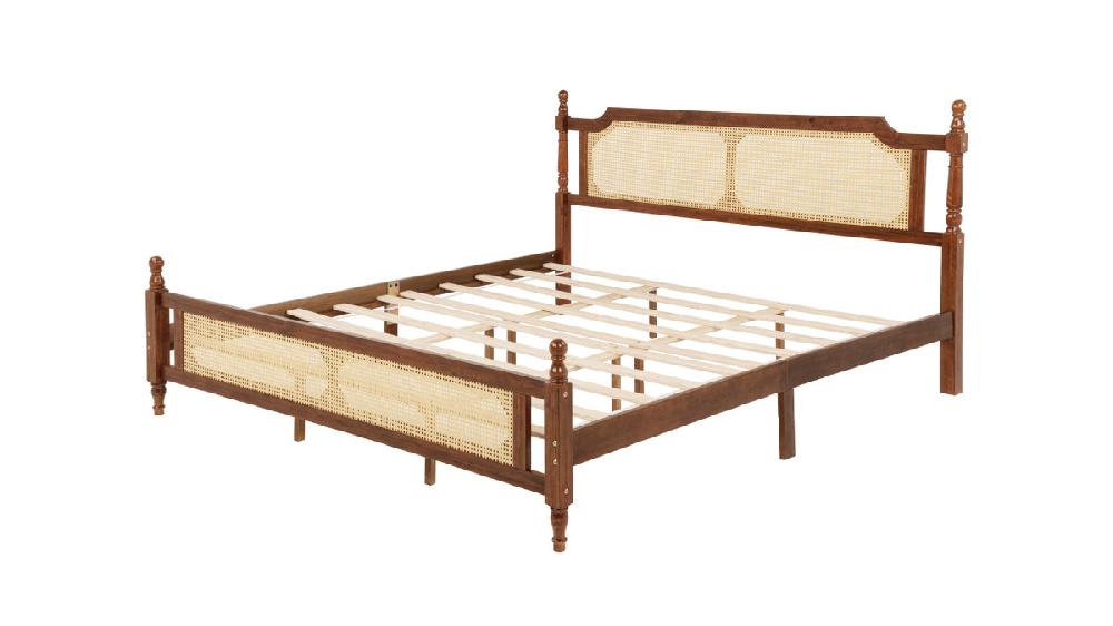 Jennifer Taylor Home Milo Pine Wood Rattan-Back Platform Bed King Walnut