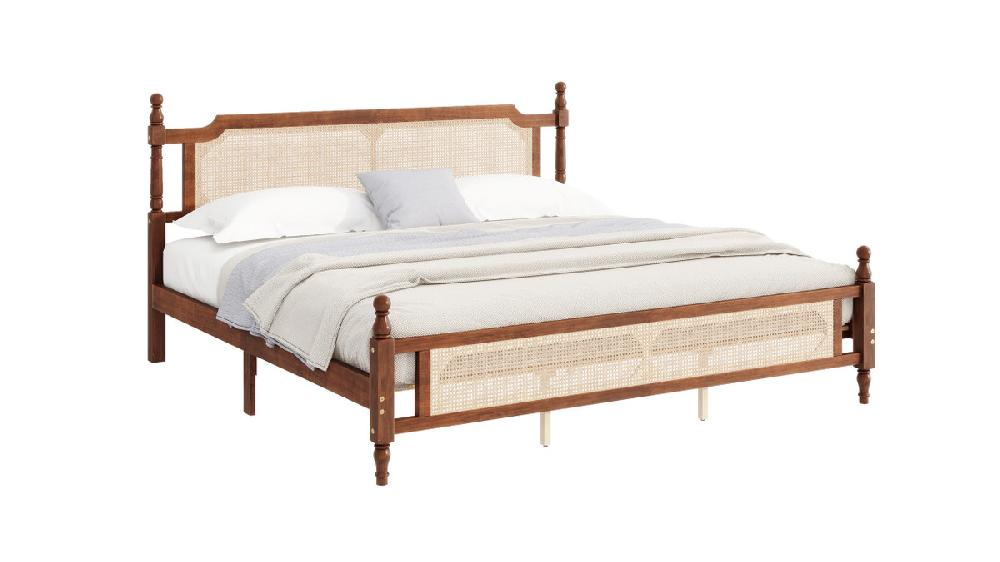 jennifer taylor home Milo Pine Wood Rattan-Back Platform Bed King Walnut