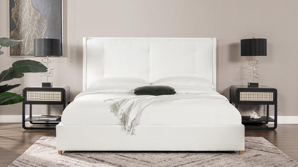 Jennifer Taylor Home Miramar King Cushion-Back Headboard Platform Bed Frame Antique White