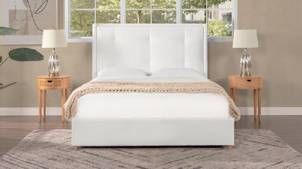 Jennifer Taylor Home Miramar Queen Cushion-Back Headboard Platform Bed Frame Antique White