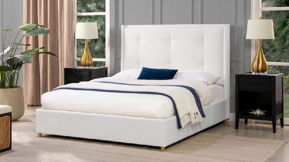 Jennifer Taylor Home Miramar Queen Cushion-Back Headboard Platform Bed Frame Antique White