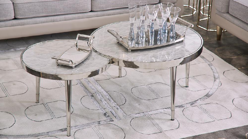 jennifer taylor home Mithril 51" Abstract Round Resin Coffee Table Polished Silver Stainless Steel