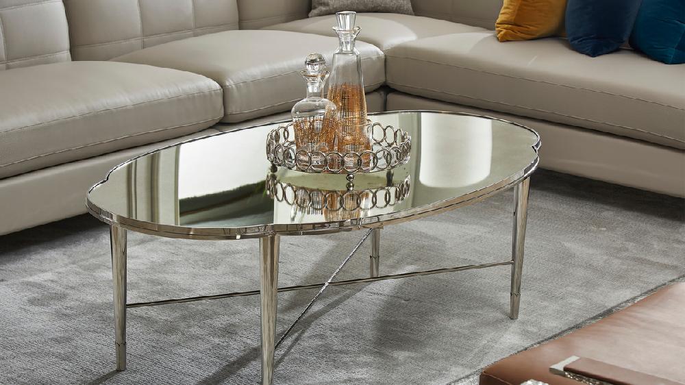 Jennifer Taylor Home Mithril 52" Scalloped Mirrored Coffee Table Polished Silver Stainless Steel