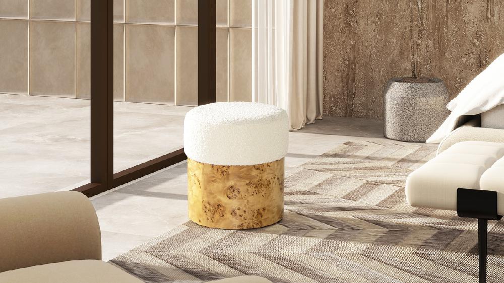 Jennifer Taylor Home Nebula 16.5" Round Burl Wood Upholstered Ottoman Ivory White Bouclé