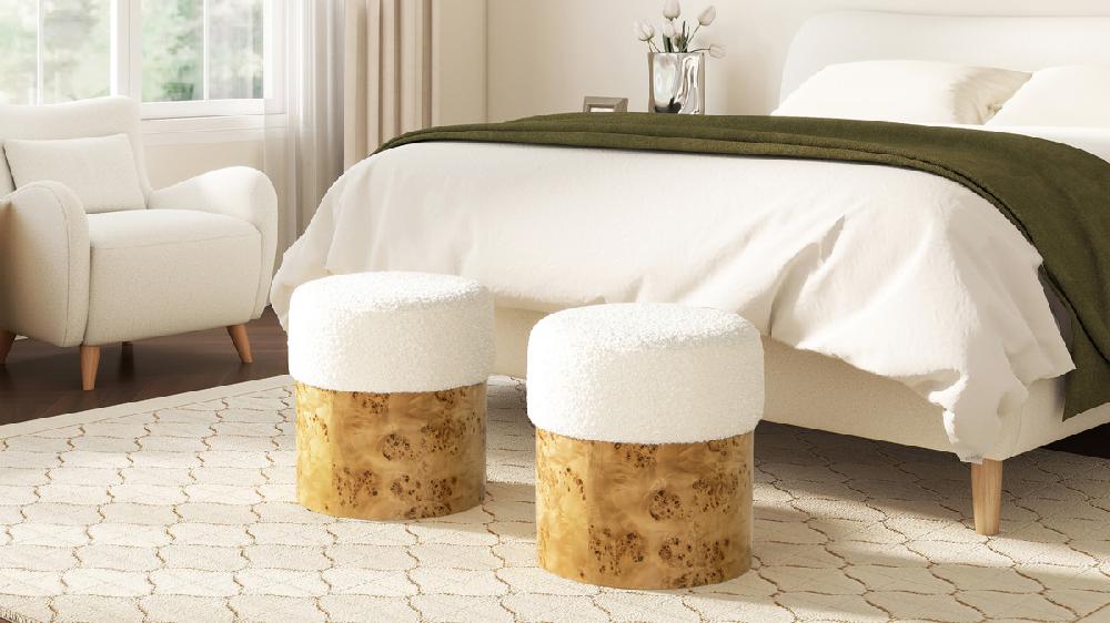 Jennifer Taylor Home Nebula 16.5" Round Burl Wood Upholstered Ottoman Ivory White Bouclé