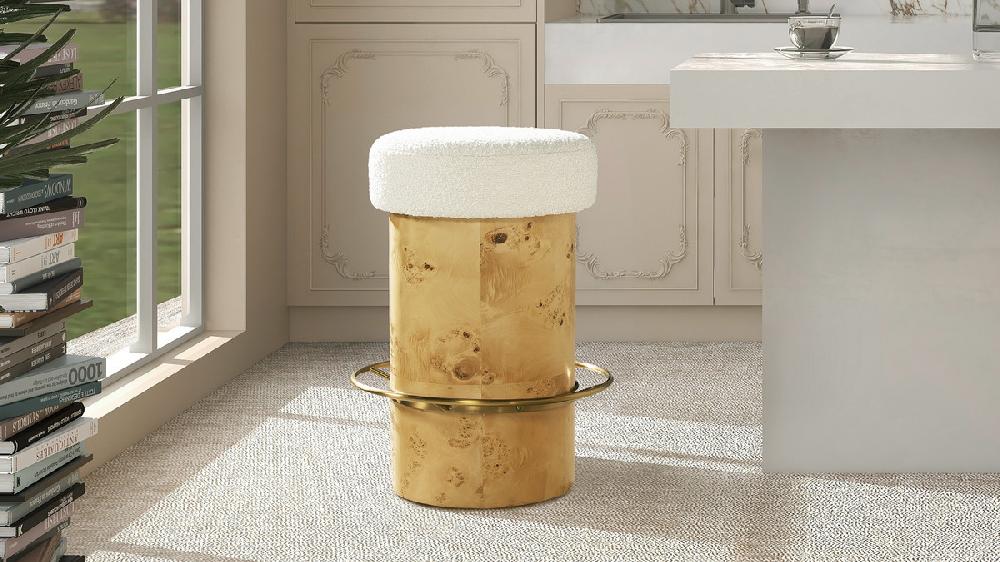 Jennifer Taylor Home Nebula 26" Backless Round Upholstered Counter Stool With Burl Wood Ivory White Bouclé