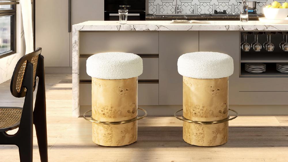 Jennifer Taylor Home Nebula 26" Backless Round Upholstered Counter Stool With Burl Wood Ivory White Bouclé