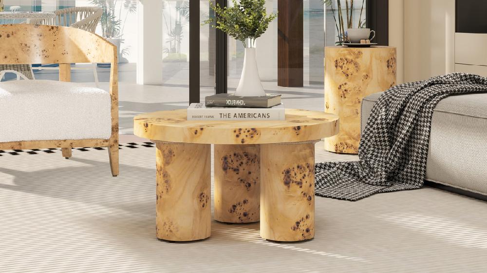 Jennifer Taylor Home Nebula 28" Burl Wood Round Pillar Leg Coffee Table Warm Natural Brown