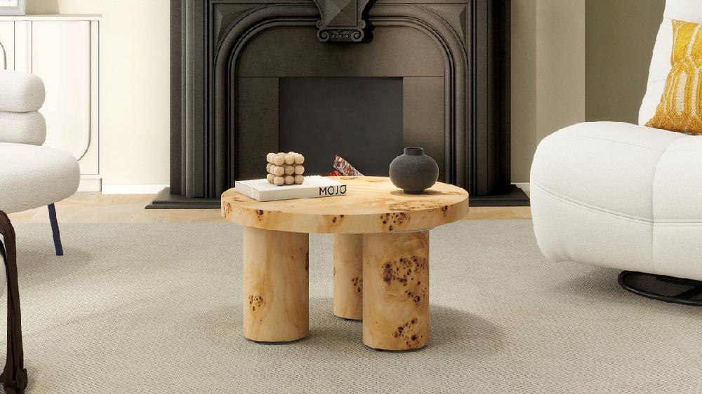 Jennifer Taylor Home Nebula 28" Burl Wood Round Pillar Leg Coffee Table Warm Natural Brown