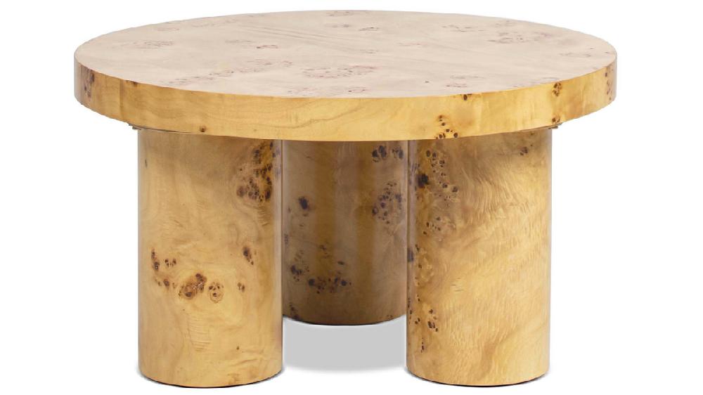jennifer taylor home Nebula 28" Burl Wood Round Pillar Leg Coffee Table Warm Natural Brown
