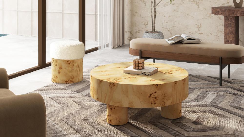 Jennifer Taylor Home Nebula 35.5" Burl Wood Round Pillar Leg Coffee Table Warm Natural Brown