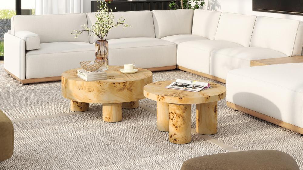Jennifer Taylor Home Nebula 35.5" Burl Wood Round Pillar Leg Coffee Table Warm Natural Brown