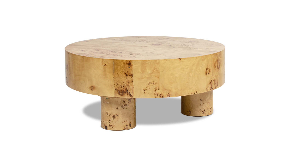 Jennifer Taylor Home Nebula 35.5" Burl Wood Round Pillar Leg Coffee Table Warm Natural Brown