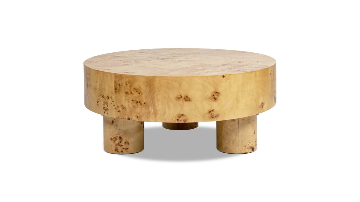 jennifer taylor home Nebula 35.5" Burl Wood Round Pillar Leg Coffee Table Warm Natural Brown
