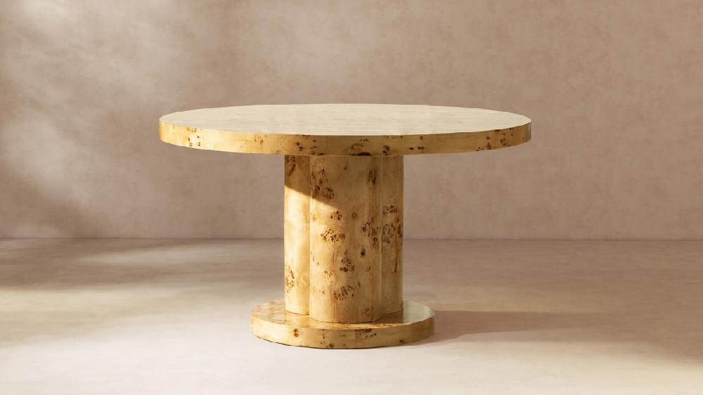 Jennifer Taylor Home Nebula 51" 5-6 Seater Round Burl Wood Pillar Dining Table Warm Natural Brown